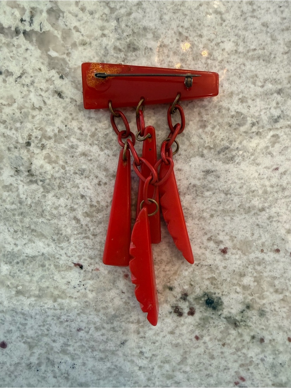 1930s RARE Vintage Carved Bakelite Dangle Brooch in Cherry Red - Picture 3 of 4